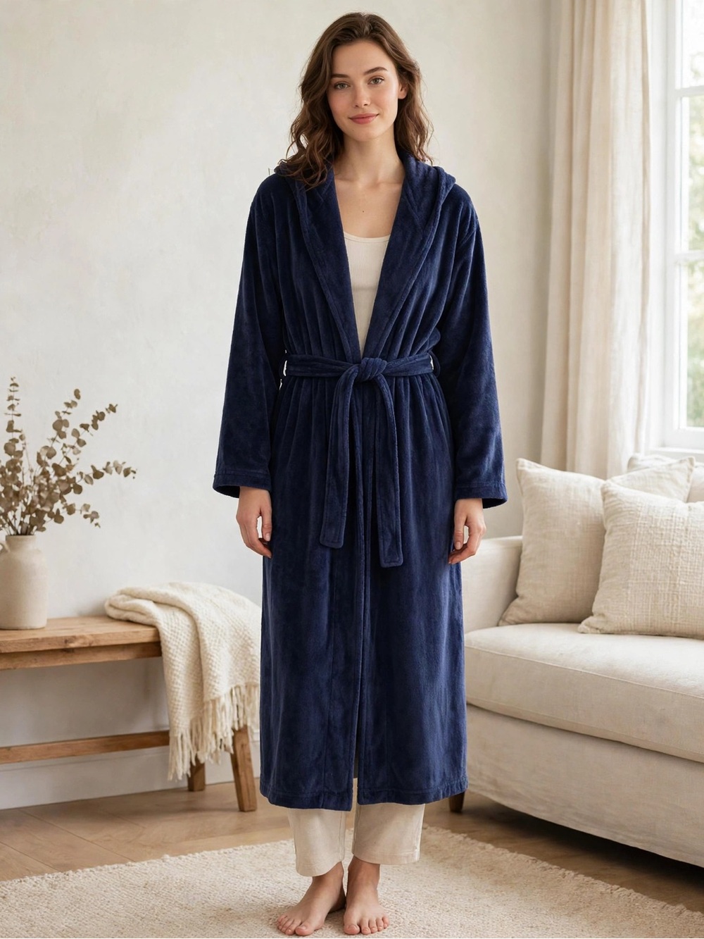 Nordstrom Lingerie Blue Silky Velvet Fleece Kimono Belted Robe Collared Solid M